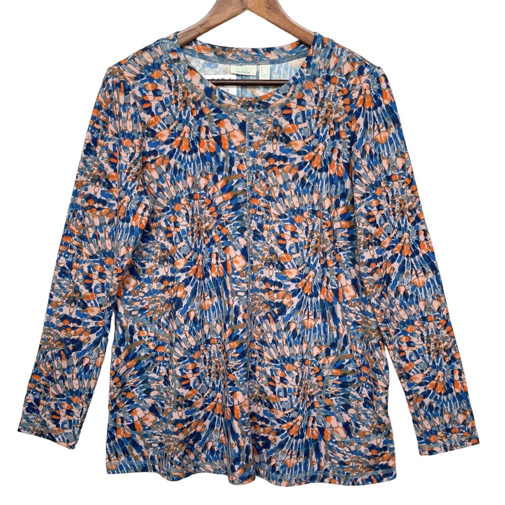 LOGO Lounge Top Womens Small Blue Orange Tie Dye Long Sleeve Pocket Excellent